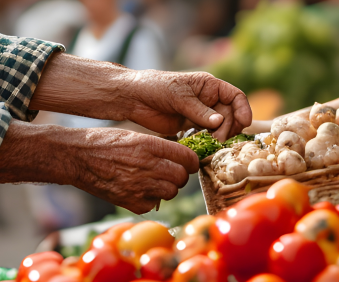 Personne âgée vivant en coliving chez Hermonie choisissant des produits frais et locaux au marché.